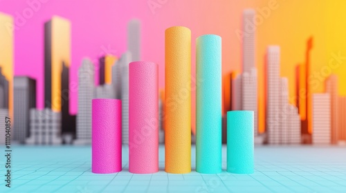 Colorful cylindrical shapes rise against a vibrant background of skyscrapers, creating a modern and playful urban scene.