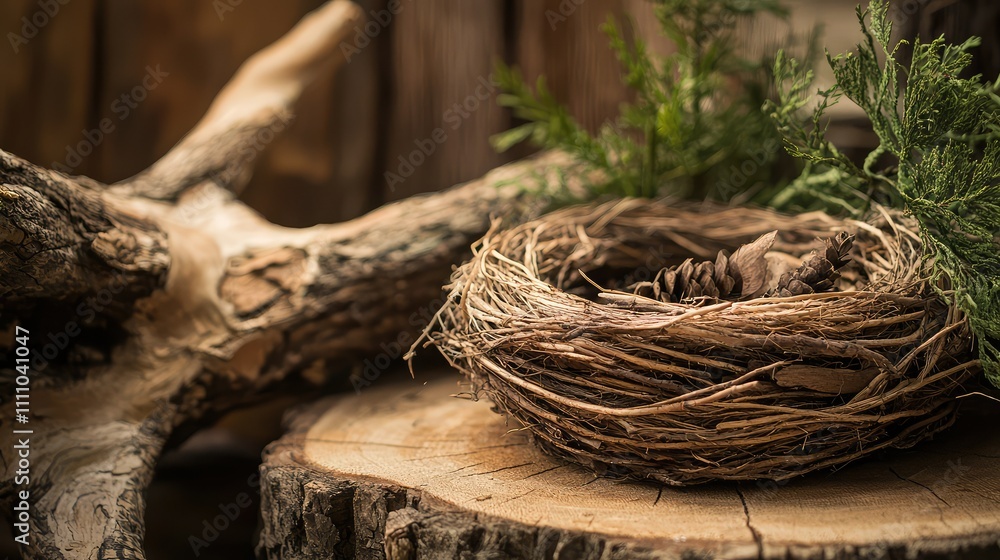 Rustic Bird Nest Surrounded by Natural Elements on a Wooden Log in a Cozy, Earthy Setting, Ideal for Nature-Themed Projects and Eco-Friendly Designs Rustic Bird Nest Surrounded by Natural Elements on a Wooden Log in a Cozy, Earthy Setting, Ideal for Nature-Themed Projects and Eco-Friendly Designs