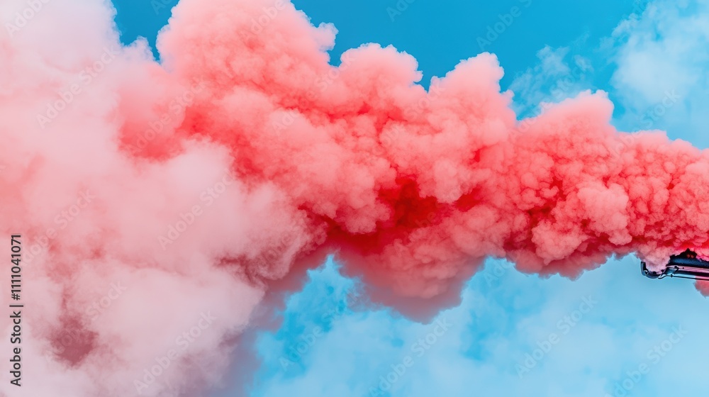 Fototapeta premium Vibrant pink smoke billows against a clear blue sky, creating a stunning visual spectacle of color and motion.