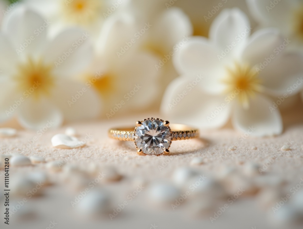 Fototapeta premium single elegant ring placed on a soft bed of flowers