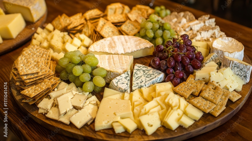 Photo of, A rustic cheese platter adorned with a variety of artisanal cheeses such as aged cheddar, creamy brie Photo of, A rustic cheese platter adorned with a variety of artisanal cheeses such as aged cheddar, creamy brie
