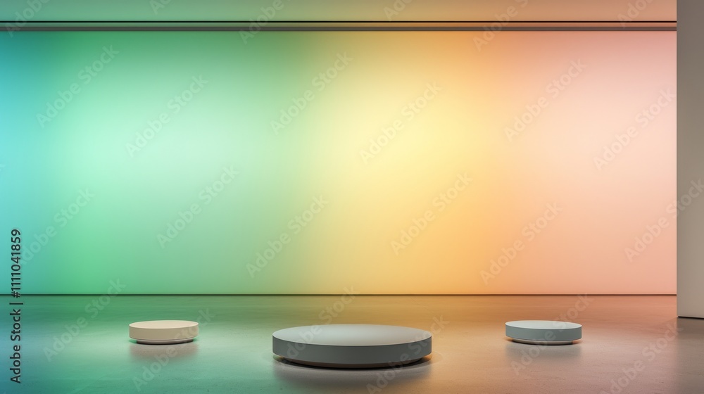 Chromatic Illumination Minimalist Interior with Circular Platforms and Gradient Wall Chromatic Illumination Minimalist Interior with Circular Platforms and Gradient Wall