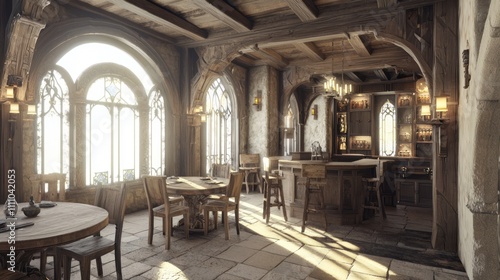 Medieval-Inspired Stylish Breakfast Nook with Modern Furniture and Rustic Accents for Charming Dining Experience