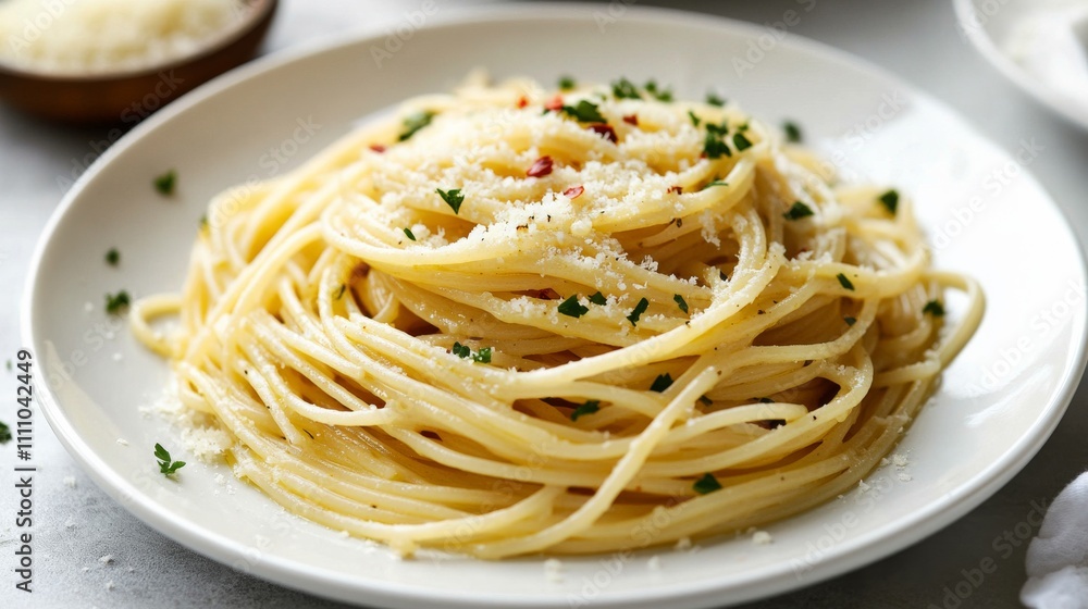 Photo of, A simple plate of spaghetti aglio e olio, garnished with parsley and red pepper flakes Photo of, A simple plate of spaghetti aglio e olio, garnished with parsley and red pepper flakes