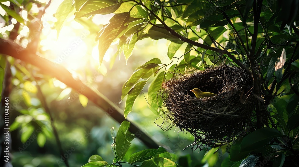 Serene Image of a Bird Nest with a Yellow Bird Resting Among Lush Green Leaves Under Soft Sunlight in a Tranquil Natural Setting Serene Image of a Bird Nest with a Yellow Bird Resting Among Lush Green Leaves Under Soft Sunlight in a Tranquil Natural Setting