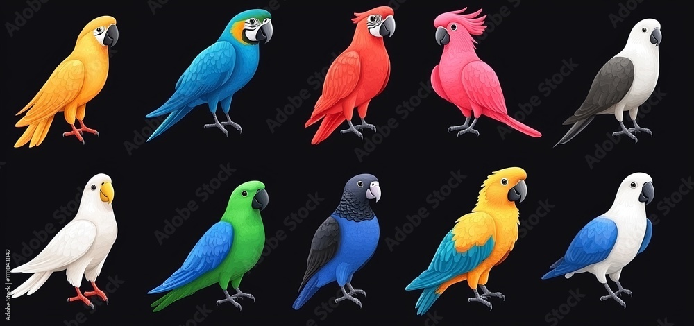 Obraz premium Cartoon collection of colorful exotic birds with colorful feathers, beaks, wings, and tales. Exotic jungle pets and animals.