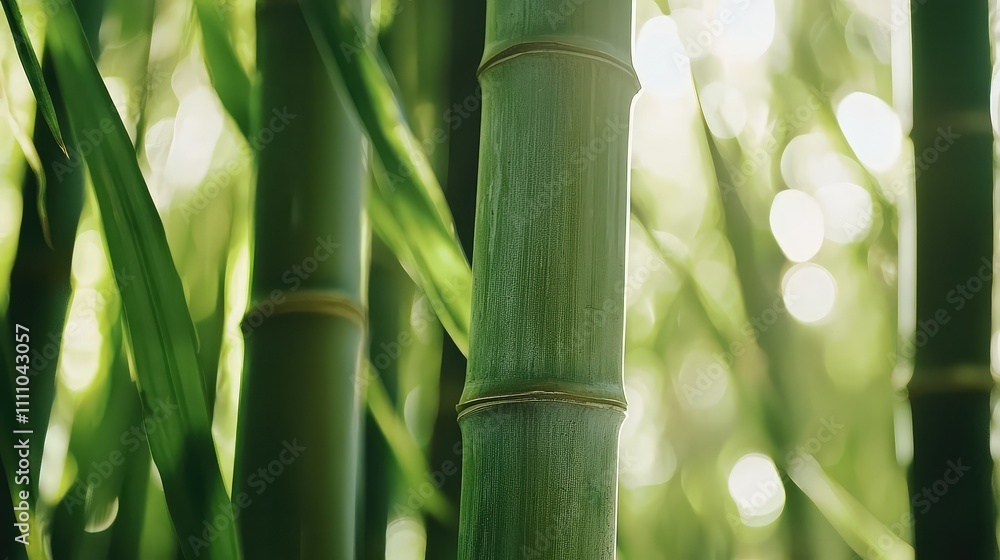 Obraz premium Lush Green Bamboo Stalks with Soft Light Filtering Through Leaves Creating a Serene and Tranquil Atmosphere in a Dense Forest Background