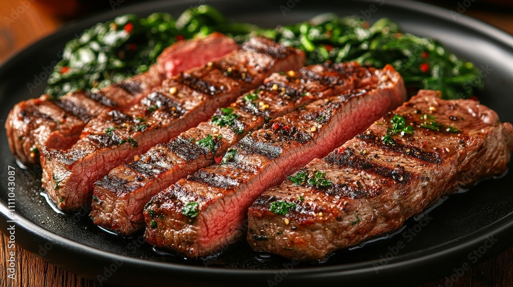 A plate of grilled steak served with sautéed greens, showcasing a delicious meal. A plate of grilled steak served with sautéed greens, showcasing a delicious meal.