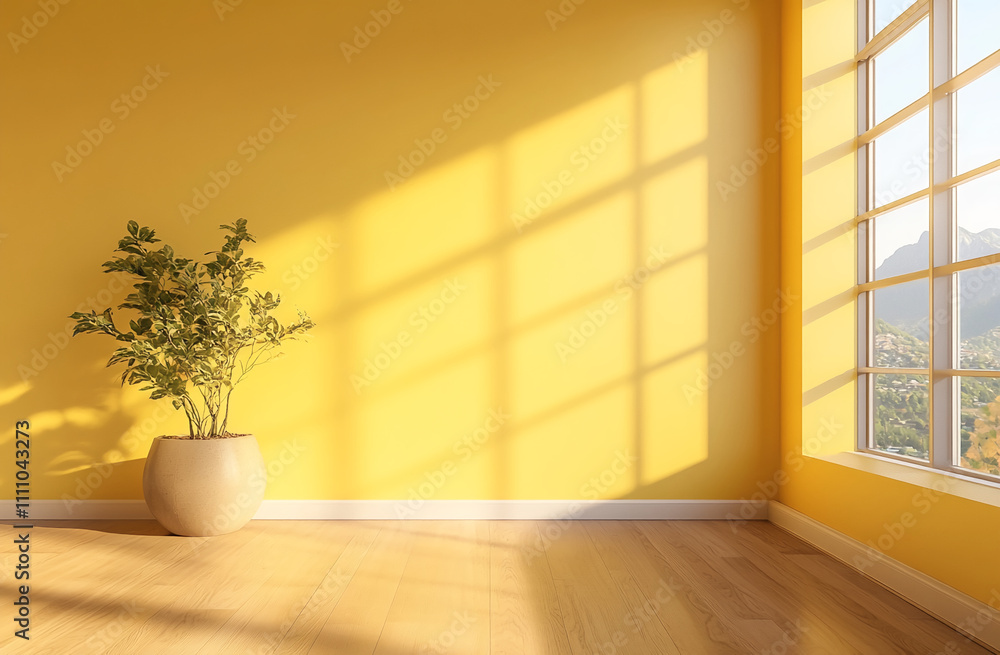 Bright yellow room with sunlight streaming through large windows and a potted plant Bright yellow room with sunlight streaming through large windows and a potted plant
