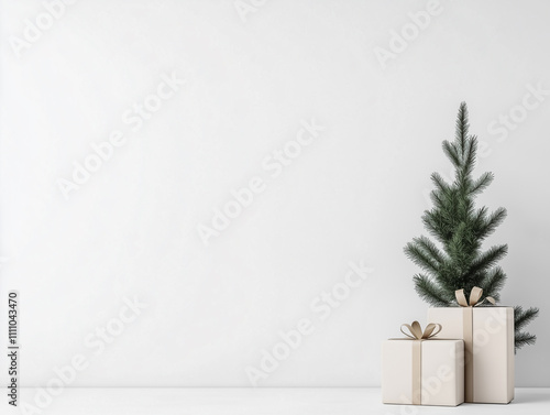 Minimalist Christmas composition with a small artificial tree and gift boxes in elegant wrapping. White wall background provides copy space, highlighting a clean and festive design style 
