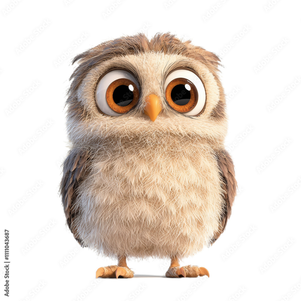 Obraz premium Adorable 3D Cartoon Owl with Big Eyes and Fluffy Feathers