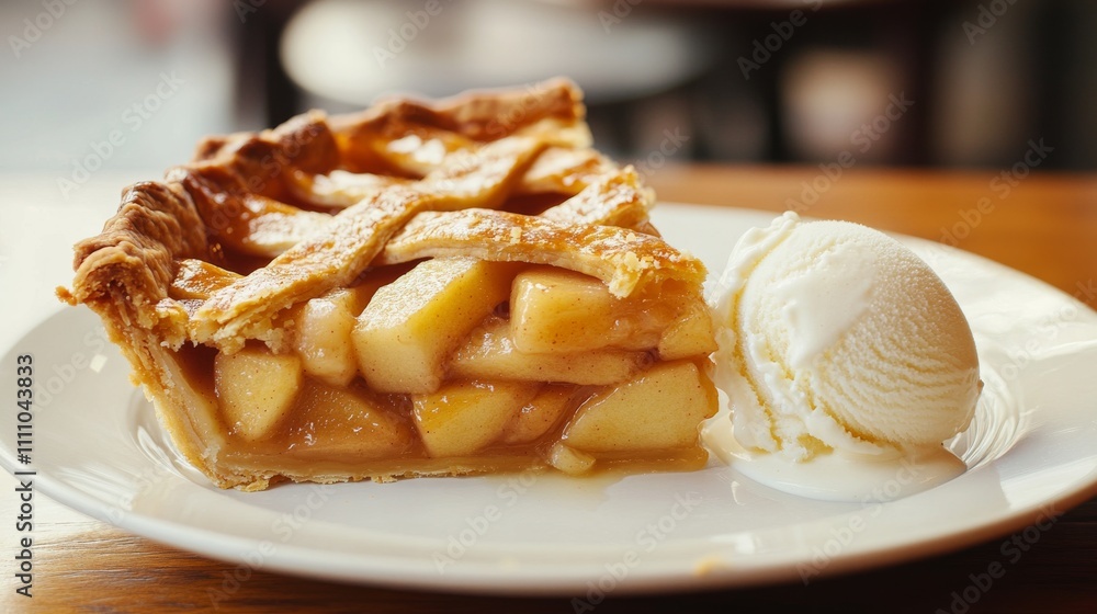 Photo of, A slice of freshly baked apple pie with a lattice crust, Minimalist dining table setting Photo of, A slice of freshly baked apple pie with a lattice crust, Minimalist dining table setting