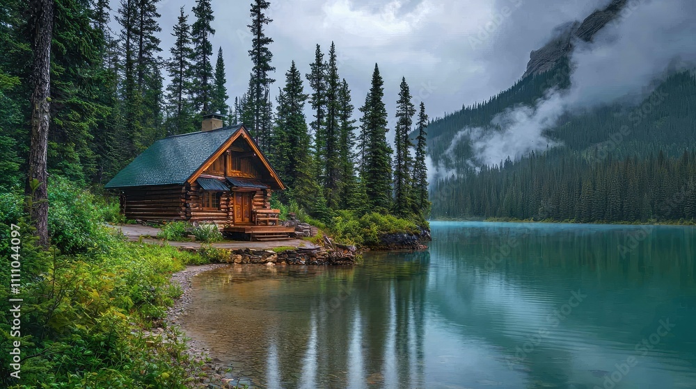 Naklejka premium Serene Log Cabin by a Tranquil Lake Surrounded by Tall Evergreen Trees and Majestic Mountains under a Cloudy Sky in a Peaceful Wilderness Landscape