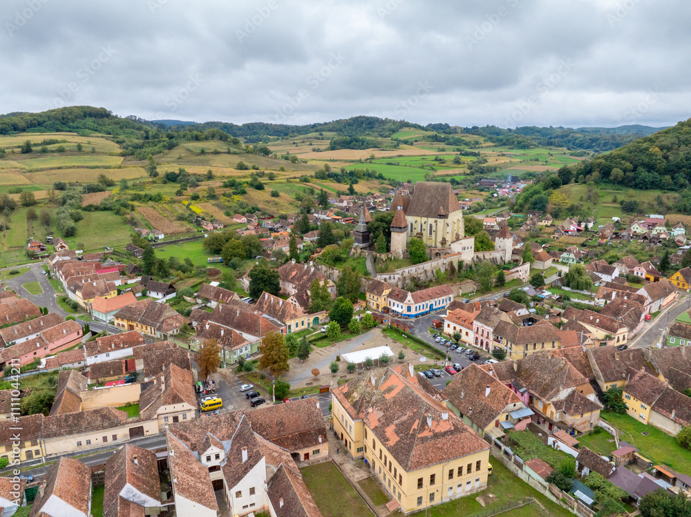 defaultBiertan - Aerial Drone View of Transylvanian Village, Romania