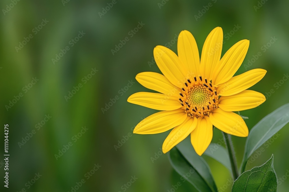Sunflower blooms brightly amidst lush green leaves in a serene garden setting Sunflower blooms brightly amidst lush green leaves in a serene garden setting
