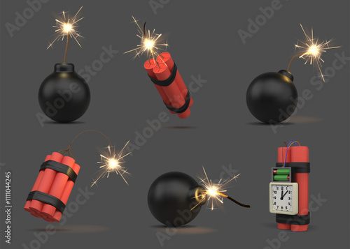 3d dynamite. Bomb tnt fuse, detonator explosive isolated military elements different side view. Realistic burning ignite, danger wick fuze, pyrotechnics and mine with timer. Vector isolated set