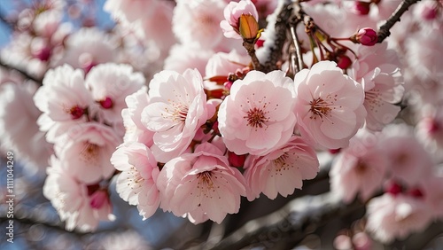 Snow-kissed cherry blossoms blooming unseasonably during a surprise winter warm spell. photo