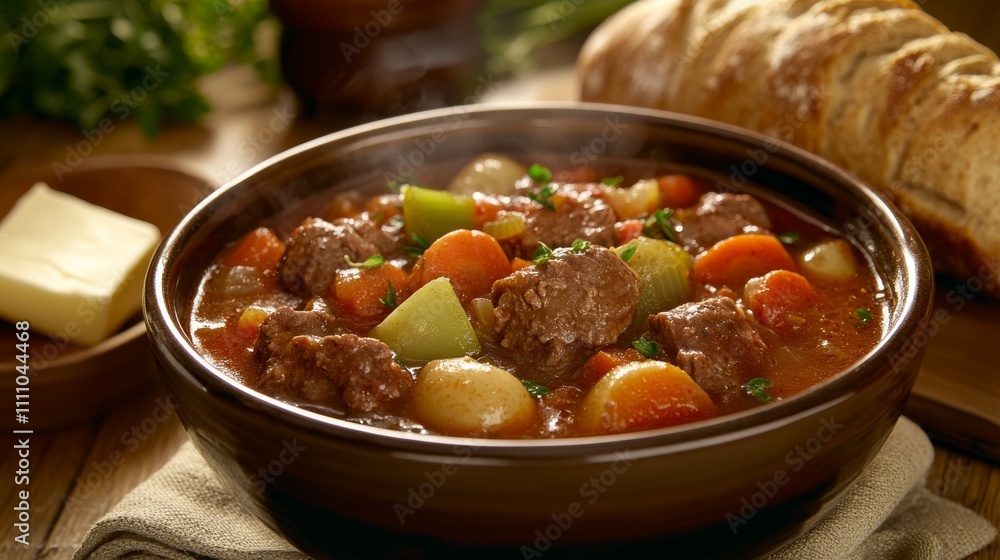Photo of, A steaming bowl of hearty beef stew brimming with tender chunks of meat and colorful vegetables, Bowl centered Photo of, A steaming bowl of hearty beef stew brimming with tender chunks of meat and colorful vegetables, Bowl centered