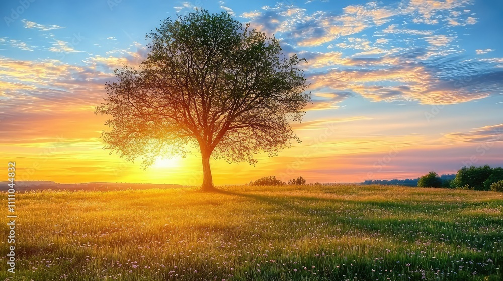 Serene Sunset Over a Vibrant Meadow with a Solitary Tree Silhouetted Against a Glorious Sky of Orange and Blue Hues in Early Evening Serene Sunset Over a Vibrant Meadow with a Solitary Tree Silhouetted Against a Glorious Sky of Orange and Blue Hues in Early Evening