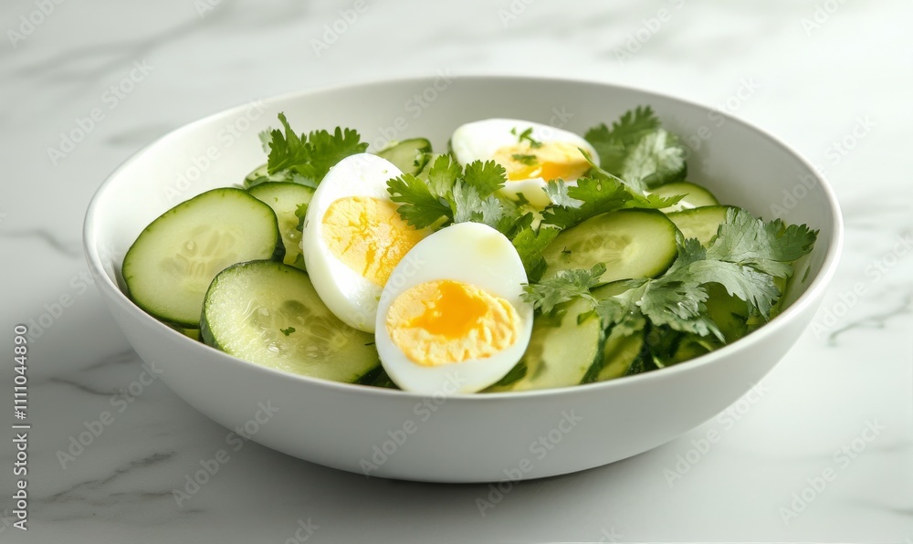 Fresh cucumber salad with boiled eggs and cilantro for a healthy meal option Fresh cucumber salad with boiled eggs and cilantro for a healthy meal option