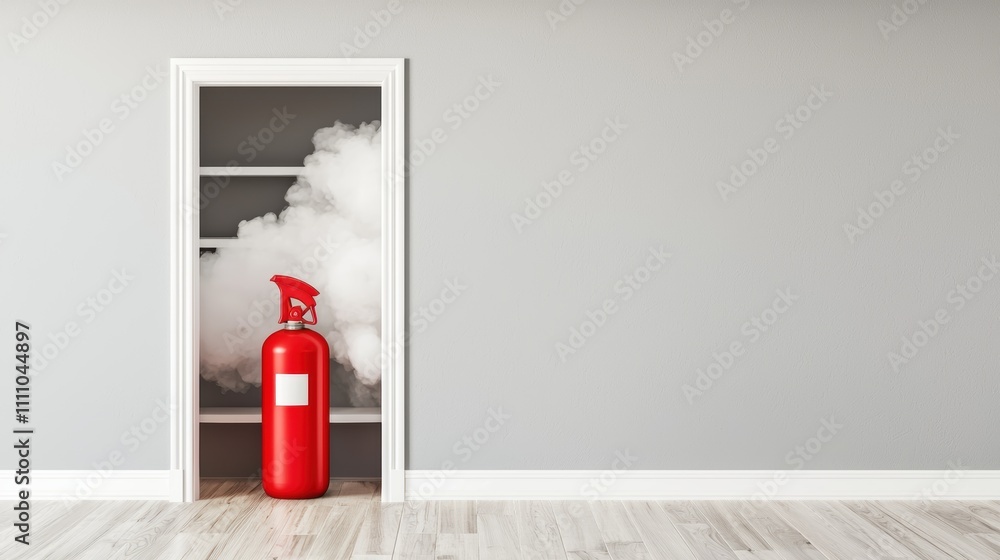 Obraz premium A red fire extinguisher is positioned in an open cupboard, surrounded by white smoke, showcasing fire safety equipment in a minimalistic room.