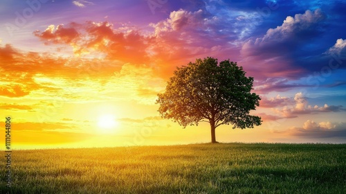 Majestic Single Tree Silhouetted Against a Vibrant Sunset Sky with Colorful Clouds and Open Grassland in the Foreground Creating a Serene Nature Scene