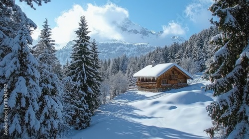 Serene Winter Landscape with Snow-Covered Chalet Amidst Pine Trees and Majestic Mountains Under a Clear Blue Sky in a Picturesque Alpine Setting