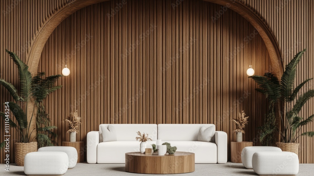 Modern Minimalist Living Room with Wooden Accents and Greenery Modern Minimalist Living Room with Wooden Accents and Greenery