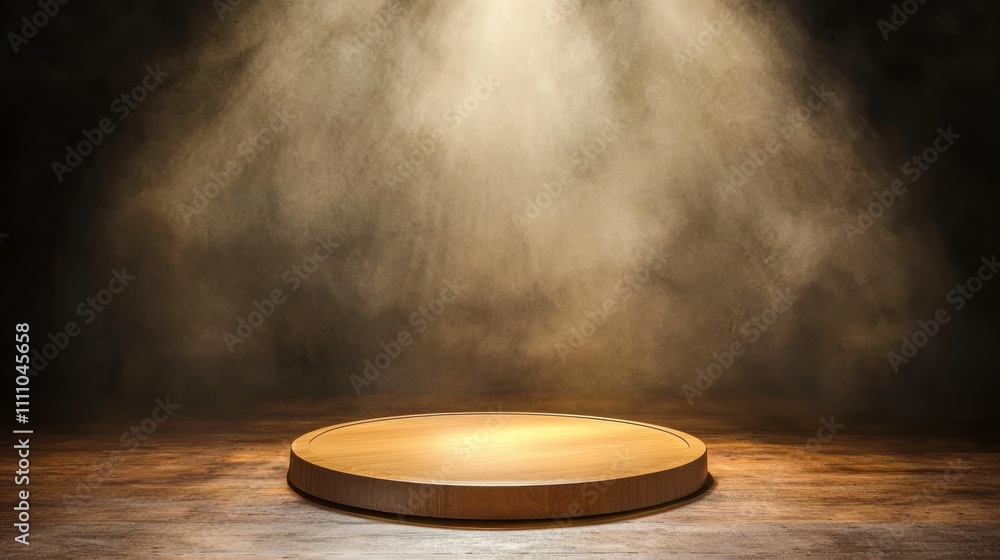 Illuminated Wooden Platform in Smoky Studio Setting for Product Display Illuminated Wooden Platform in Smoky Studio Setting for Product Display