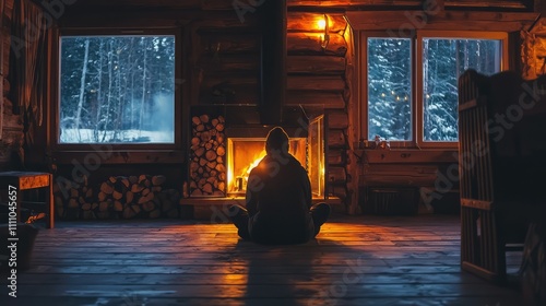 Cozy Cabin Retreat with a Person Sitting by the Fireplace, Enjoying the Warmth of a Fire in a Snowy Winter Landscape Surrounded by Nature's Beauty photo