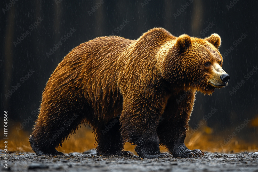 Obraz premium Majestic Brown Bear Walking in the Rain
