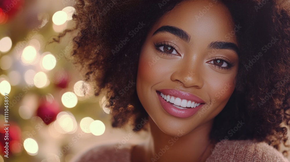 Smiling woman with curly hair in front of a festive holiday tree lights Smiling woman with curly hair in front of a festive holiday tree lights
