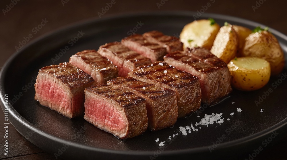 A plate of grilled steak slices with potatoes, showcasing a delicious meal. A plate of grilled steak slices with potatoes, showcasing a delicious meal.
