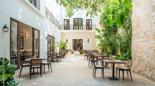 Tropical hotel courtyard restaurant