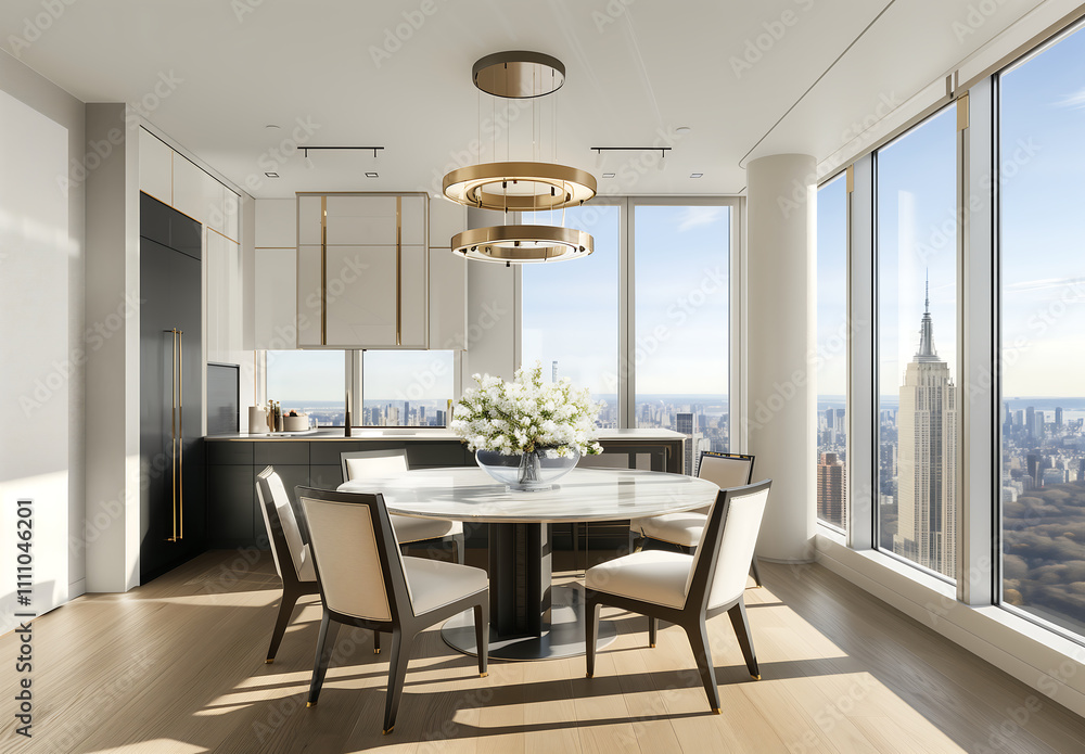 Fototapeta premium Luxurious dining room with panoramic city skyline views, a round marble table, elegant chairs, and contemporary chandeliers in a sophisticated open-plan setting