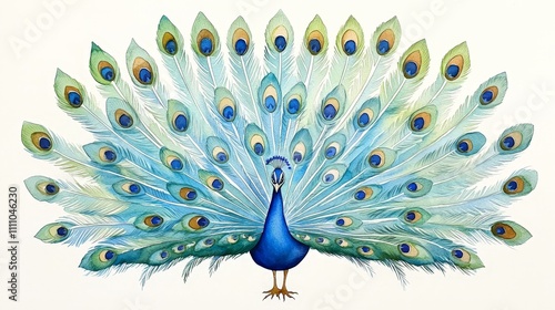 Vibrant watercolor painting of a majestic peacock displaying its colorful feathers