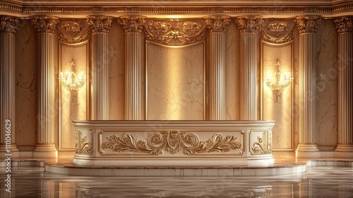 Elegant ornate reception area with golden features  luxurious pillars  and classic design elements ideal for upscale events and celebrations in a grand environment