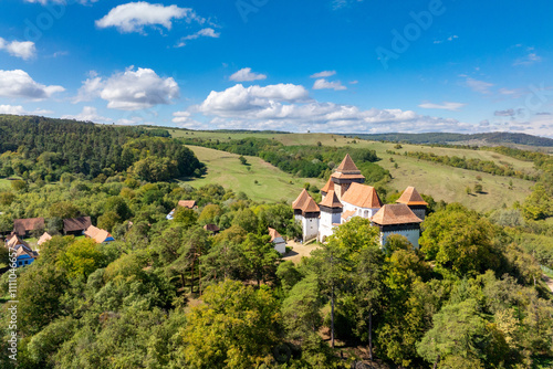Obraz na płótnie Viscri - Aerial Drone View of Transylvanian Village, Romania w salonie