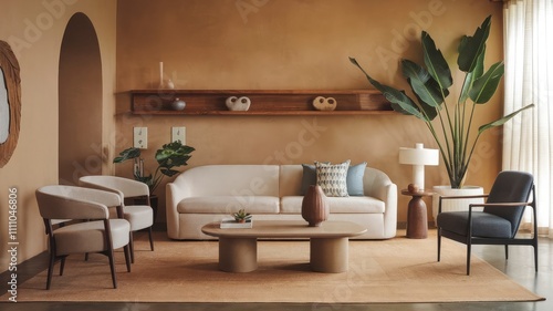 A living room with a couch, a table, and a plant in the corner and interior design concept.