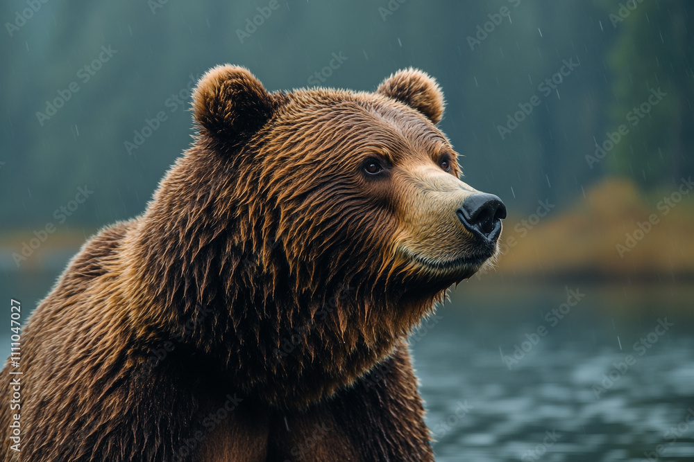 Grizzly Bear Portrait in Rainy Weather Grizzly Bear Portrait in Rainy Weather