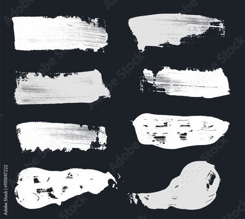 Set of grunge white brush painted acrylic isolated on black background. High resolution paintbrush collection. Grunge vector design elements. White dirty texture banners.