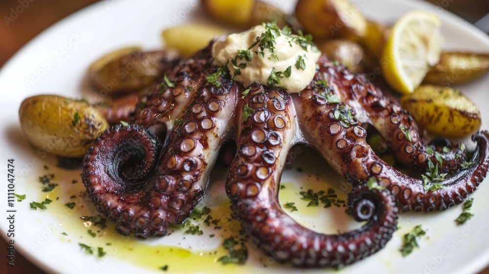 Photo of, A tantalizing plate of grilled octopus tentacles served with a lemon garlic aioli and a side of roasted fingerling potatoes, Grilled octopus centered Photo of, A tantalizing plate of grilled octopus tentacles served with a lemon garlic aioli and a side of roasted fingerling potatoes, Grilled octopus centered