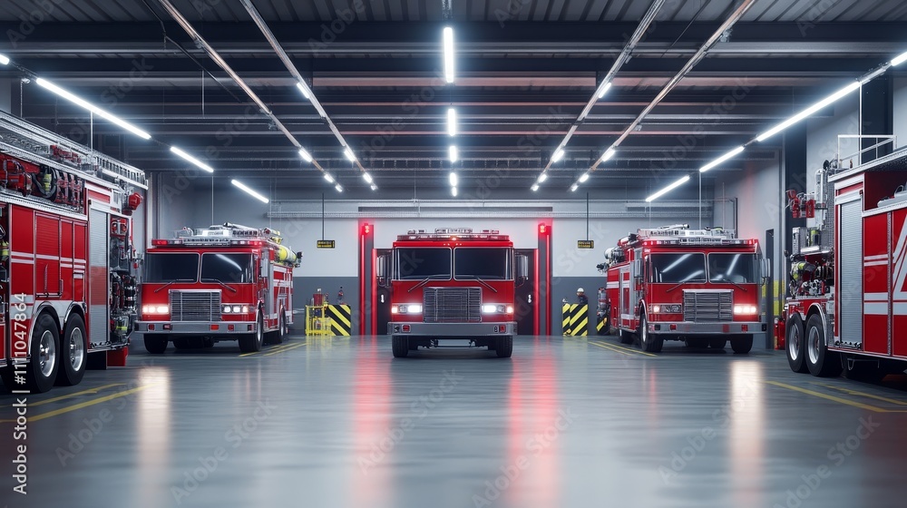 A modern fire station with multiple fire trucks parked inside the bay area. A modern fire station with multiple fire trucks parked inside the bay area.