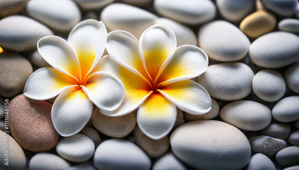 Serene white plumeria blossoms nestled amongst smooth, grey stones. Serene white plumeria blossoms nestled amongst smooth, grey stones.