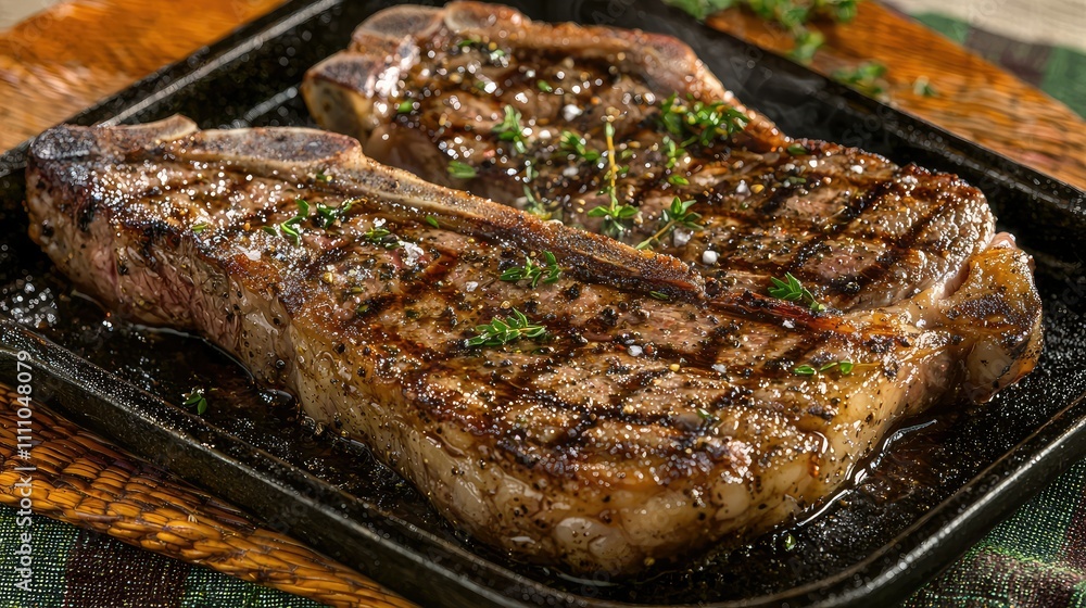 Juicy Grilled Steak on a Sizzling Platter Garnished with Fresh Herbs and Seasoning for Culinary Delight and Gourmet Presentation Juicy Grilled Steak on a Sizzling Platter Garnished with Fresh Herbs and Seasoning for Culinary Delight and Gourmet Presentation