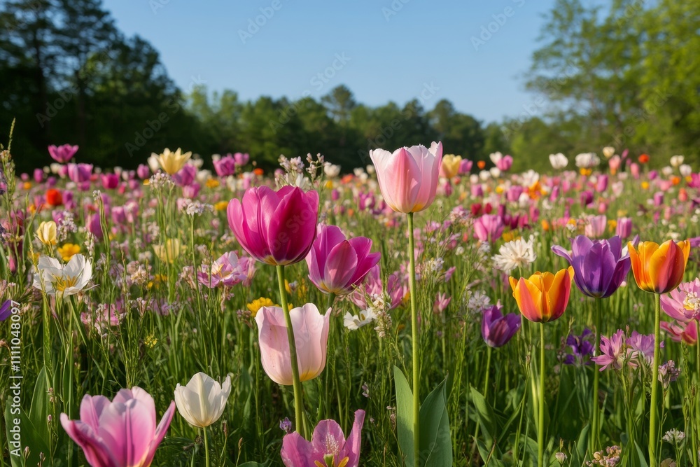 Colorful tulip garden blooms in spring with mountain backdrop and clear blue sky Colorful tulip garden blooms in spring with mountain backdrop and clear blue sky