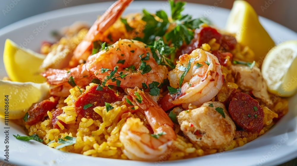 Photo of, A tantalizing plate of traditional Spanish paella with saffron-infused rice, shrimp Photo of, A tantalizing plate of traditional Spanish paella with saffron-infused rice, shrimp