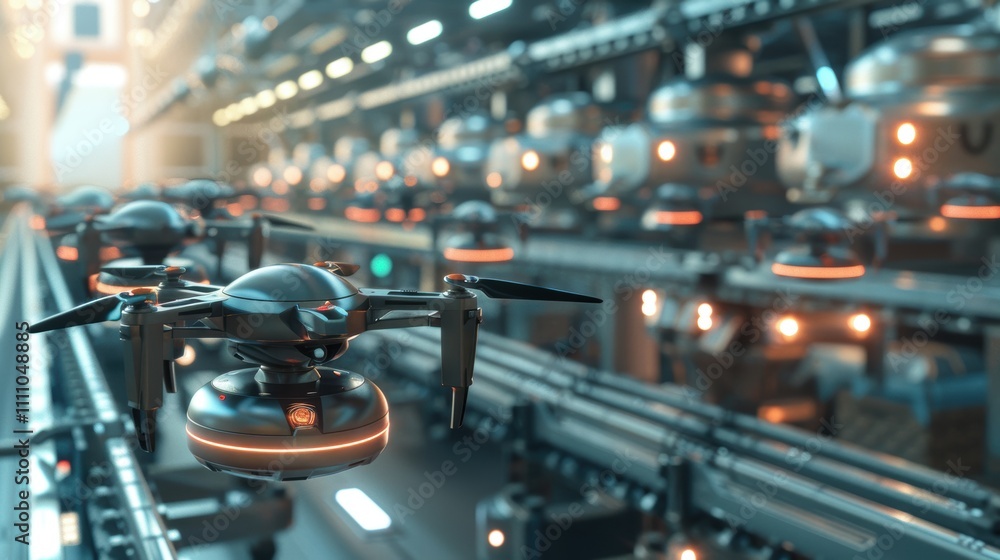 Fototapeta premium Futuristic Warehouse: Drones and Conveyor Belts in Harmonious Automation