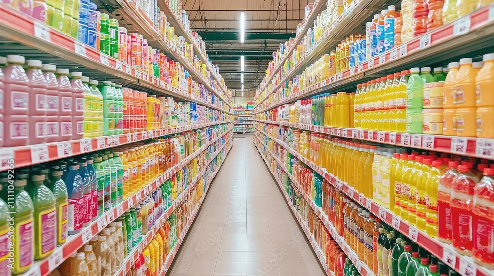 Fototapeta premium Colorful Aisle of Soft Drink Bottles in a Supermarket, Showcasing a Variety of Flavors and Bright Packaging in a Modern Retail Environment