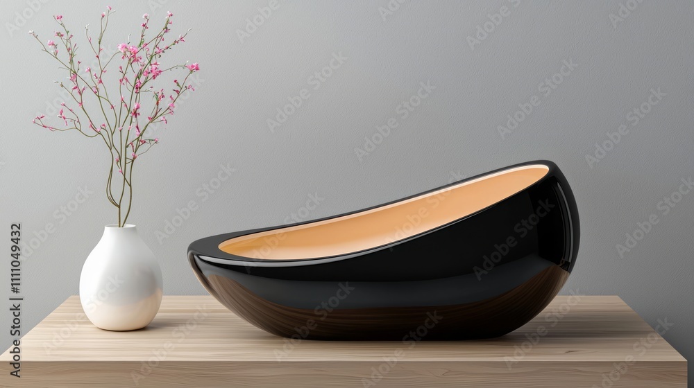 Sleek Black Modern Vessel with Light Interior and Delicate Pink Flowers Sleek Black Modern Vessel with Light Interior and Delicate Pink Flowers
